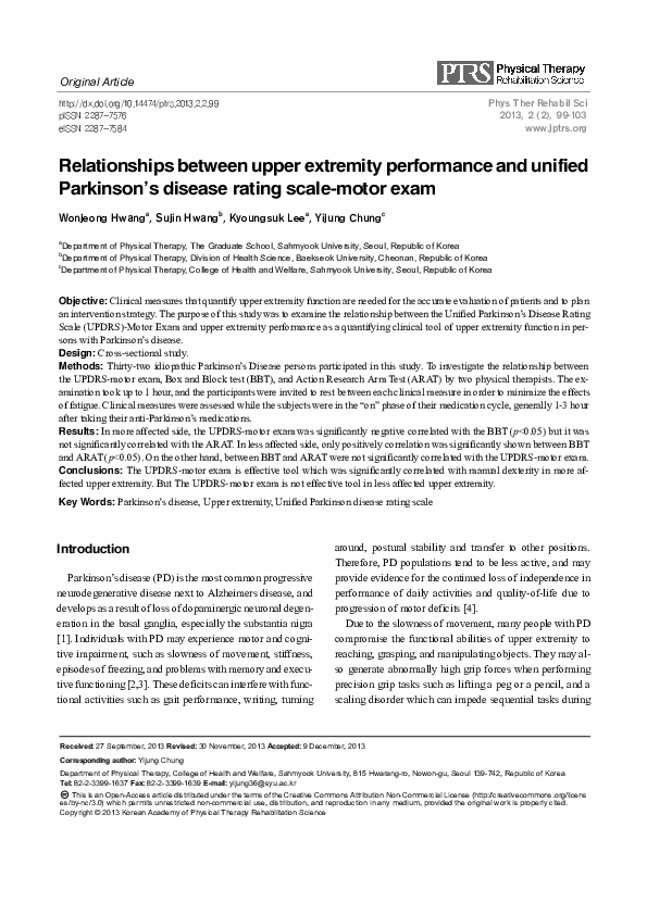 (PDF) Relationships between upper extremity performance and unified ...