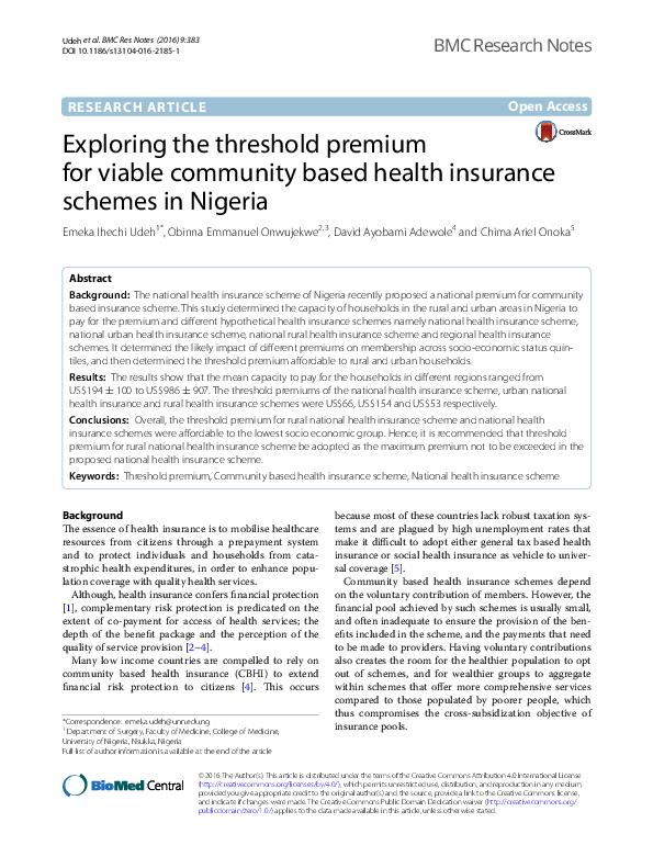 (PDF) Exploring the threshold premium for viable community based health ...
