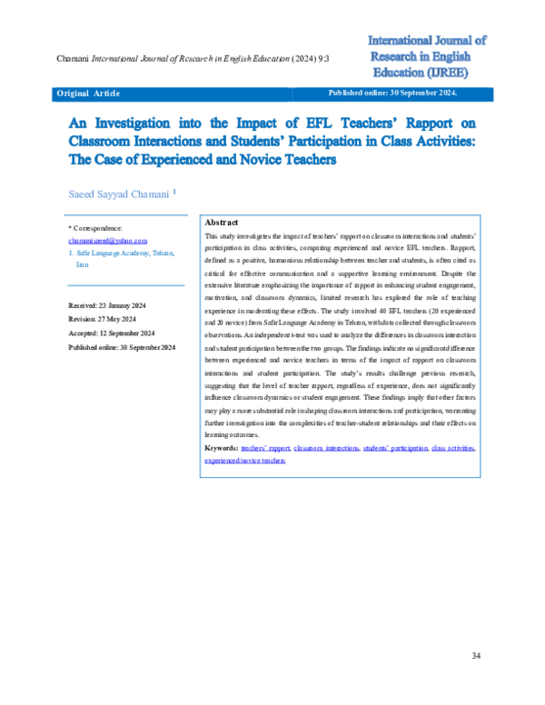 (PDF) An Investigation into the Impact of EFL Teachers’ Rapport on ...