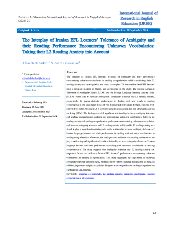 (PDF) The Interplay of Iranian EFL Learners’ Tolerance of Ambiguity and ...