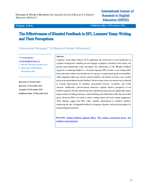 (PDF) The Effectiveness of Blended Feedback in EFL Learners' Essay ...