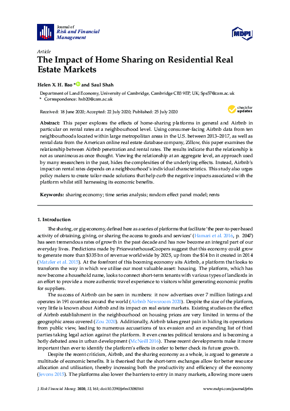 (PDF) The Impact of Home Sharing on Residential Real Estate Markets