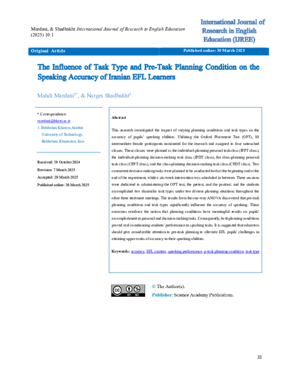 (PDF) The Influence of Task Type and Pre-Task Planning Condition on the ...