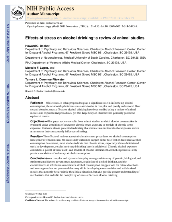 (PDF) Effects of stress on alcohol drinking: a review of animal studies