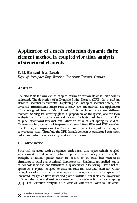 (PDF) Application Of A Mesh Reduction Dynamic FiniteElement Method In ...