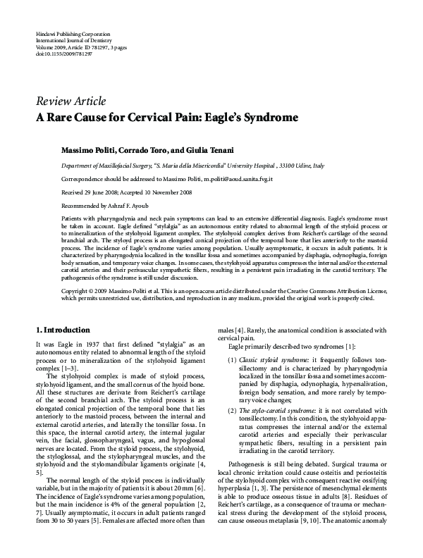 (PDF) A Rare Cause for Cervical Pain: Eagle's Syndrome