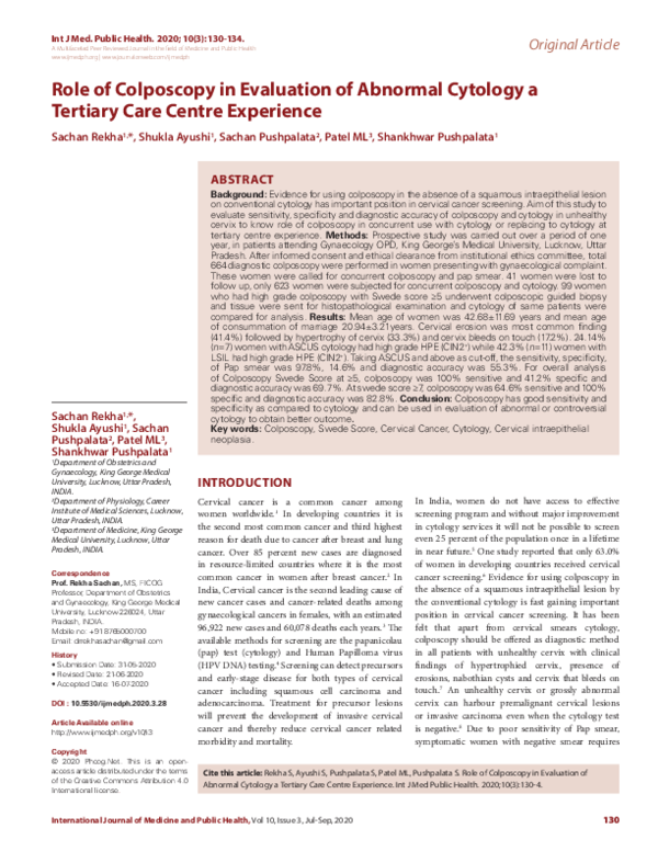 (PDF) Role of Colposcopy in Evaluation of Abnormal Cytology a Tertiary ...