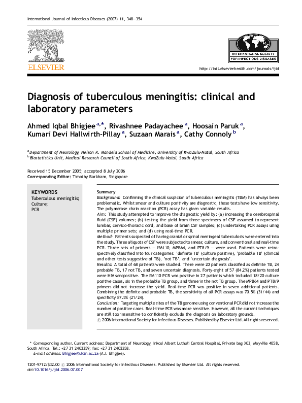 (PDF) Diagnosis of tuberculous meningitis: clinical and laboratory ...