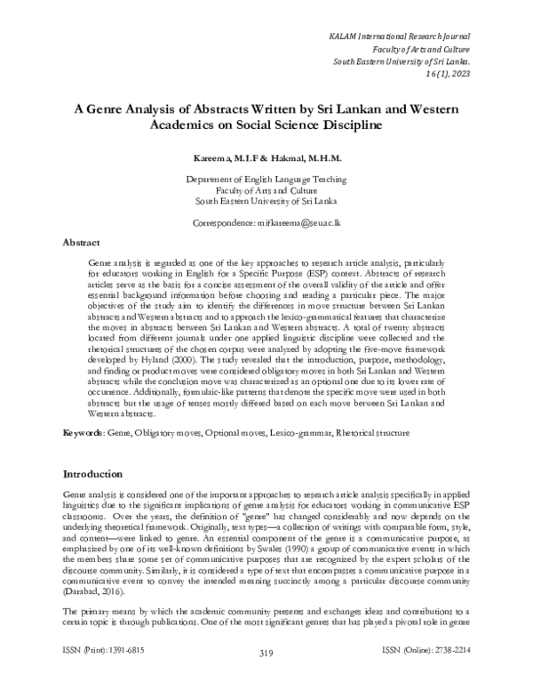(PDF) A Genre Analysis of Abstracts Written by Sri Lankan and Western ...