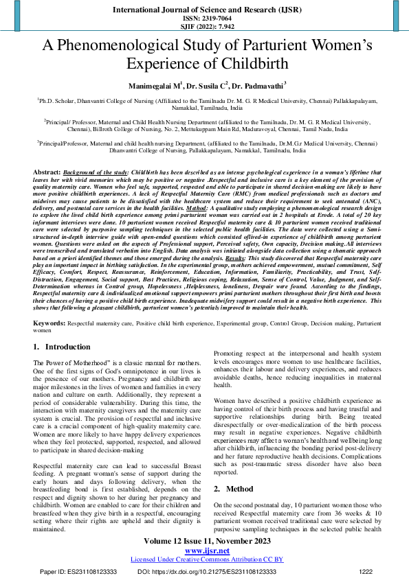 (PDF) A Phenomenological Study of Parturient Women's Experience of ...
