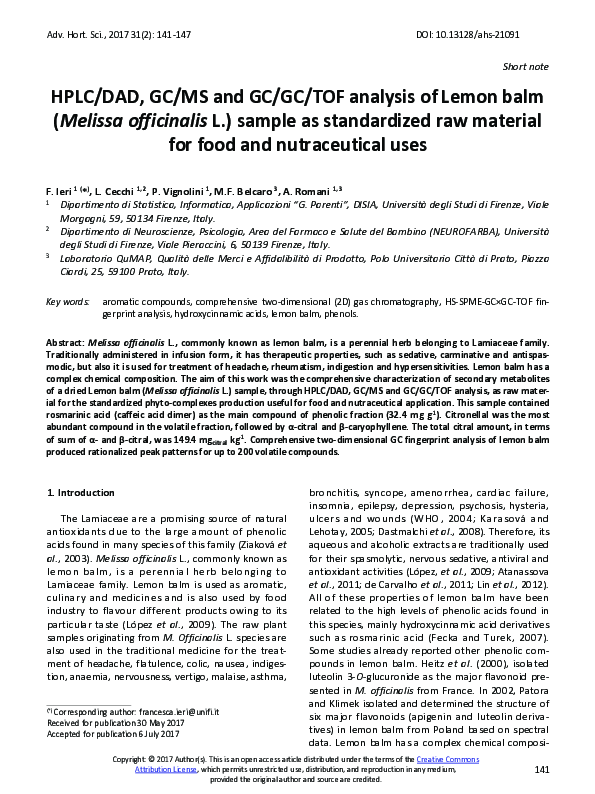 (PDF) HPLC/DAD, GC/MS and GC/GC/TOF analysis of Lemon balm (Melissa ...