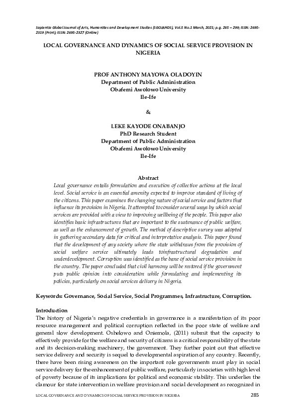 (PDF) Local Governance and Dynamics of Social Service Provision in Nigeria