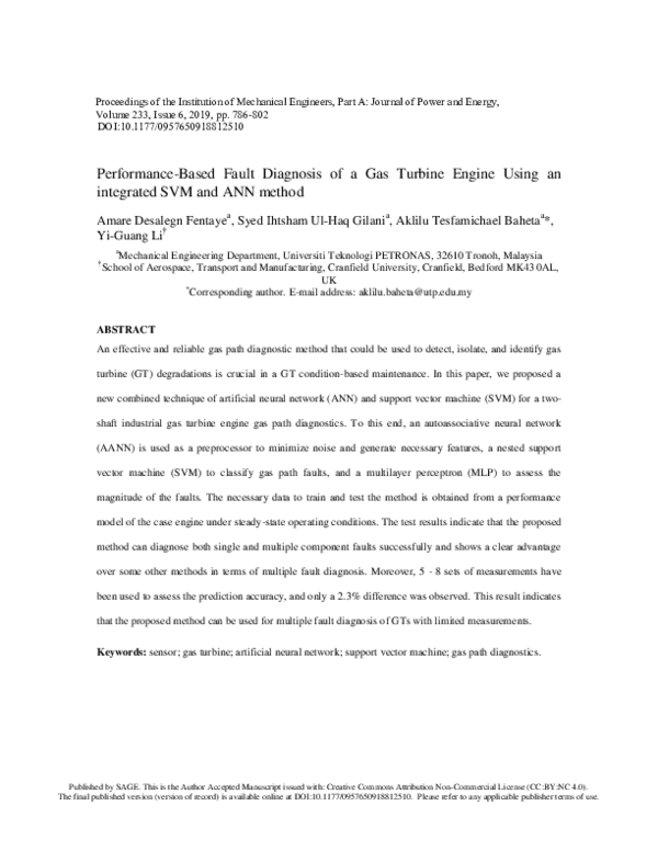 (PDF) Performance-based fault diagnosis of a gas turbine engine using ...