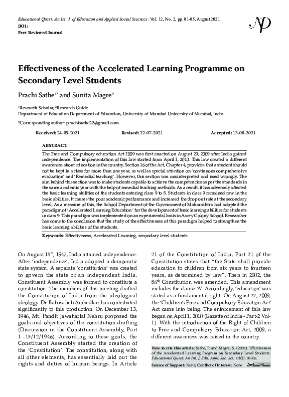 (PDF) Effectiveness of the Accelerated Learning Programme on Secondary ...