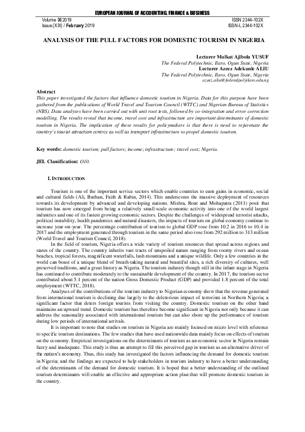 (PDF) Analysis of the Pull Factors for Domestic Tourism in Nigeria