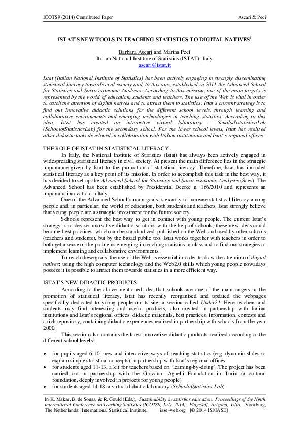 (PDF) ISTAT'S NEW TOOLS IN TEACHING STATISTICS TO DIGITAL NATIVES i