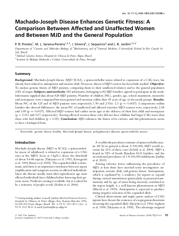 (PDF) Machado‐Joseph Disease Enhances Genetic Fitness: A Comparison ...