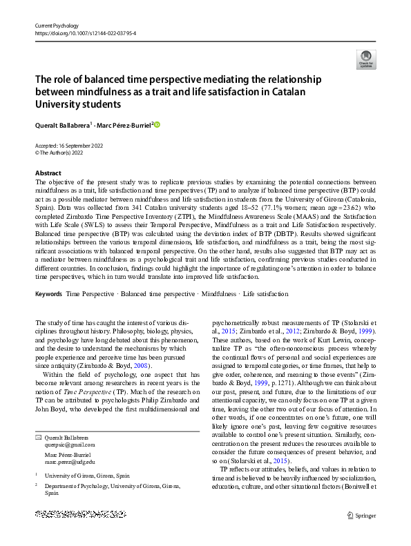 (PDF) The role of balanced time perspective mediating the relationship ...