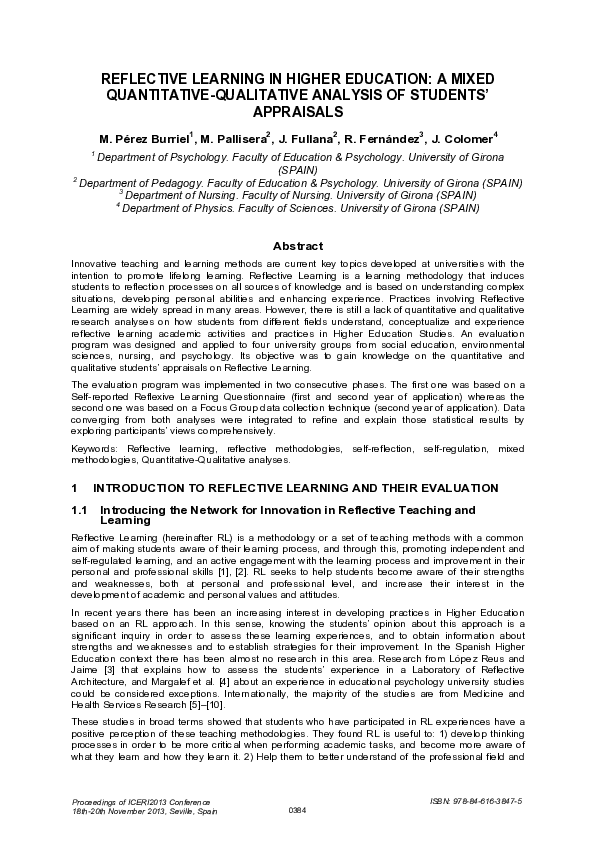 (PDF) Reflective learning in higher education: a mixed quantitative ...