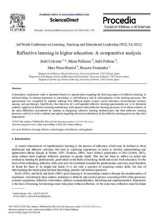 (PDF) Reflective Learning in Higher Education: A Comparative Analysis