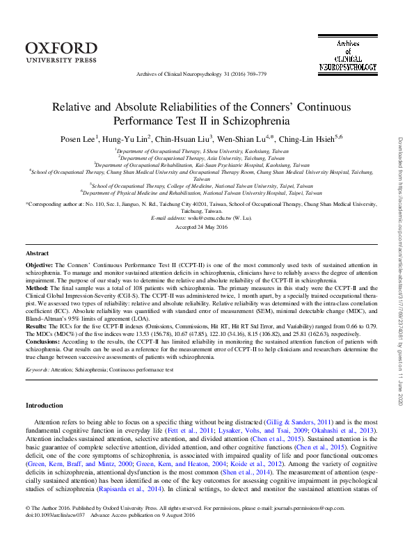 (PDF) Relative and Absolute Reliabilities of the Conners' Continuous ...