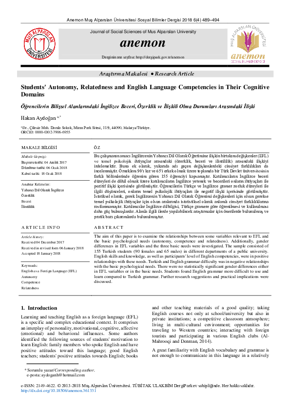 (PDF) Students' Autonomy, Relatedness and English Language Competencies ...