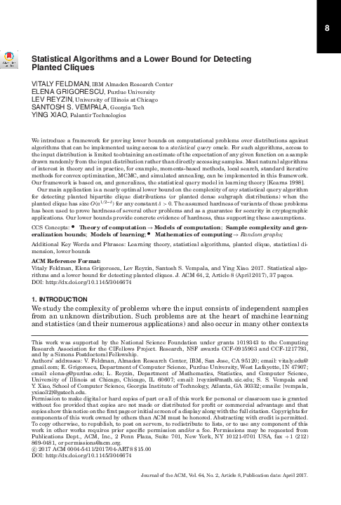 (PDF) Statistical Algorithms and a Lower Bound for Detecting Planted ...