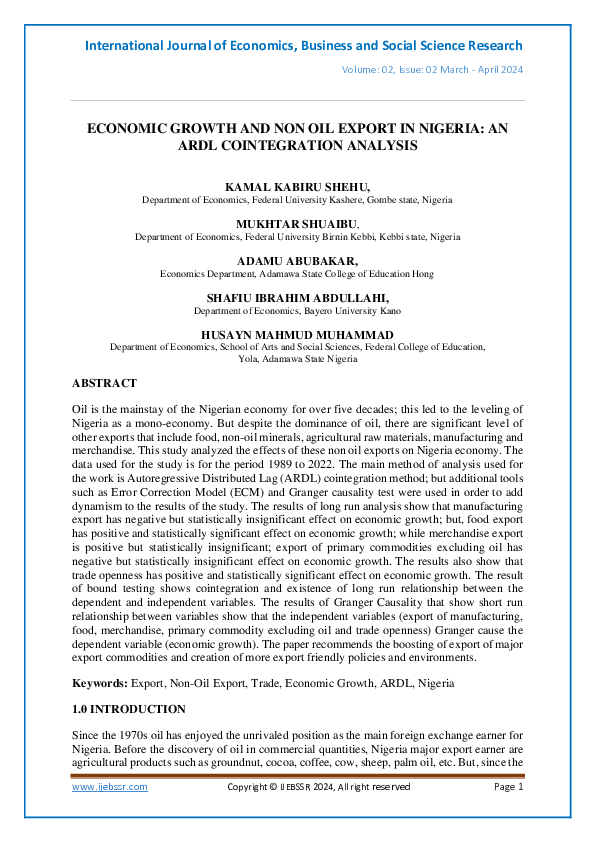 (PDF) ECONOMIC GROWTH AND NON OIL EXPORT IN NIGERIA: AN ARDL ...