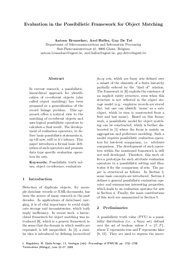(PDF) Evaluation in the Possibilistic Framework for Object Matching