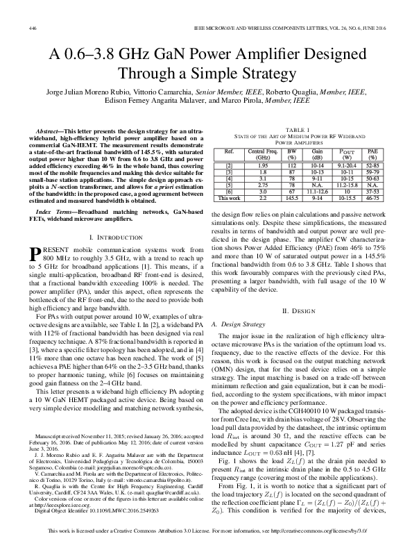 (PDF) A 0.6–3.8 GHz GaN Power Amplifier Designed Through a Simple Strategy