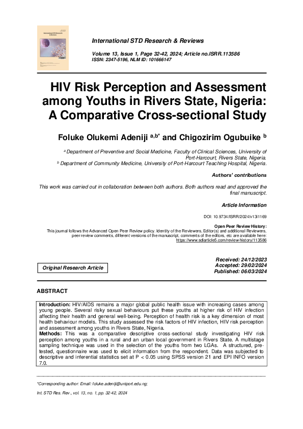 (PDF) HIV Risk Perception and Assessment among Youths in Rivers State ...