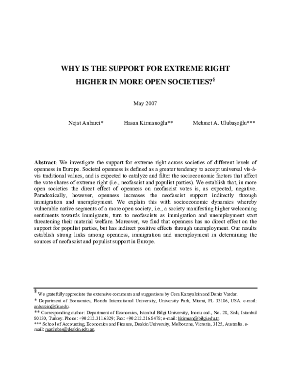 (PDF) Why is the Support for Extreme Right Higher in More Open Societies?