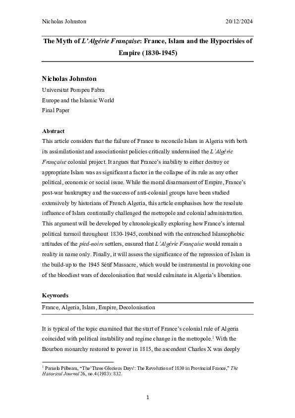 (PDF) The Myth of L'Algérie Française: France, Islam and the ...