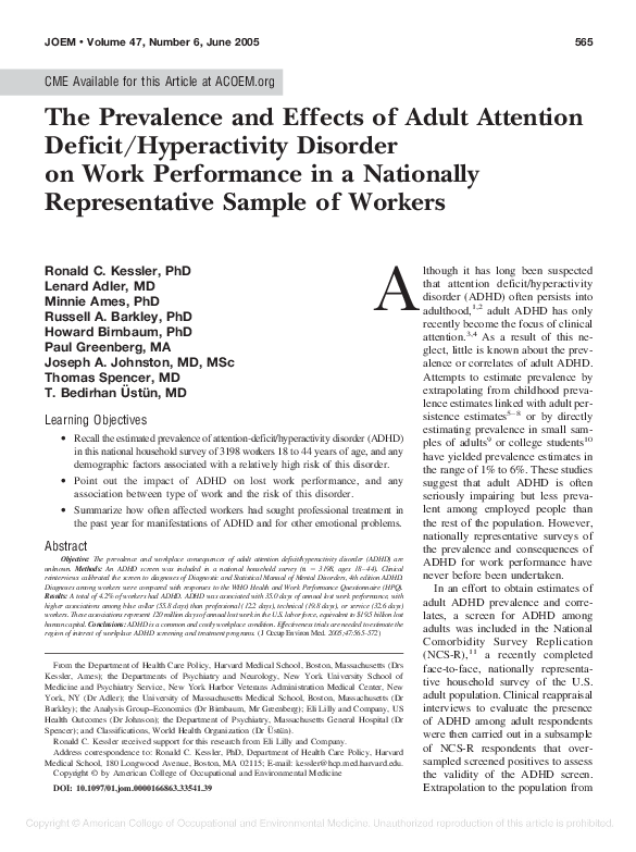 (PDF) The Prevalence and Effects of Adult Attention Deficit ...