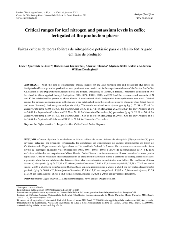 (PDF) Critical ranges for leaf nitrogen and potassium levels in coffee ...