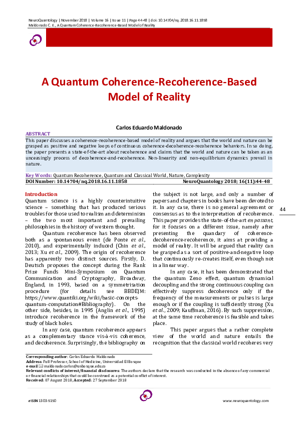 (PDF) A Quantum Coherence-Recoherence-Based Model of Reality