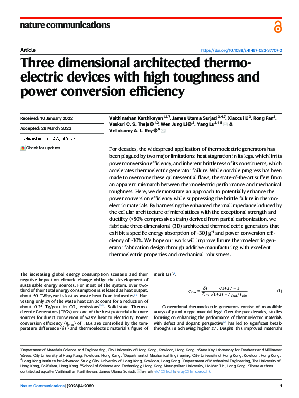 (PDF) Three dimensional architected thermoelectric devices with high ...