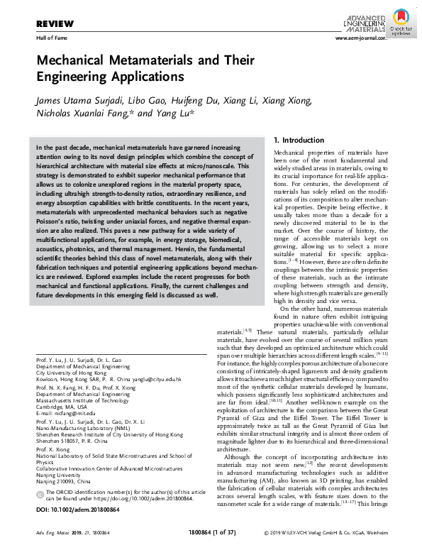 (PDF) Mechanical Metamaterials and Their Engineering Applications