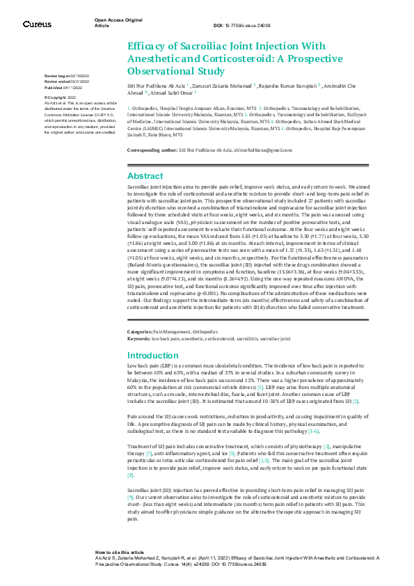 (PDF) Efficacy of Sacroiliac Joint Injection With Anesthetic and ...