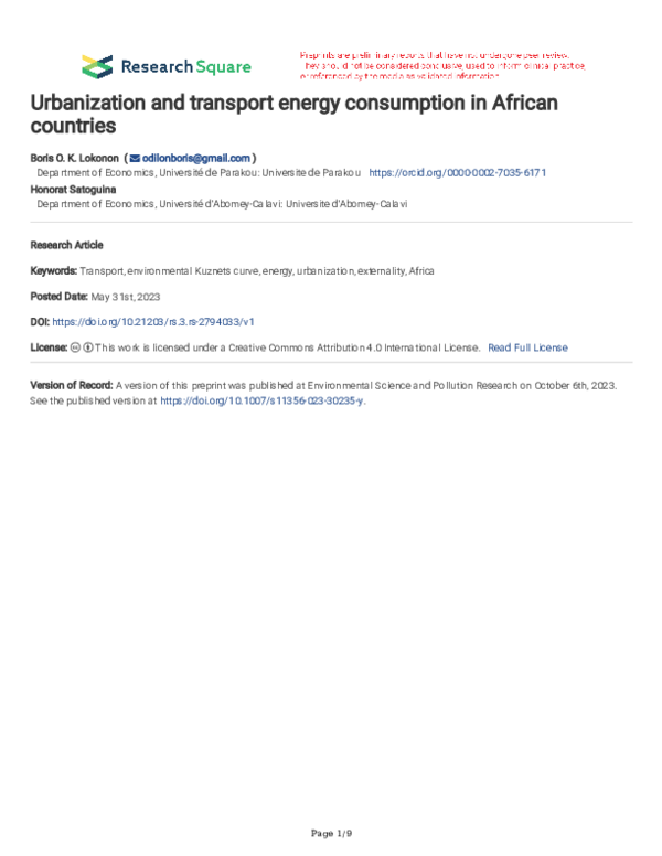 (PDF) Urbanization and transport energy consumption in African countries
