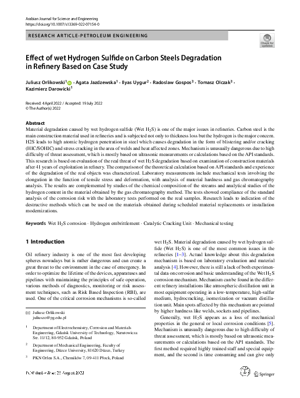 (PDF) Effect of wet Hydrogen Sulfide on Carbon Steels Degradation in ...