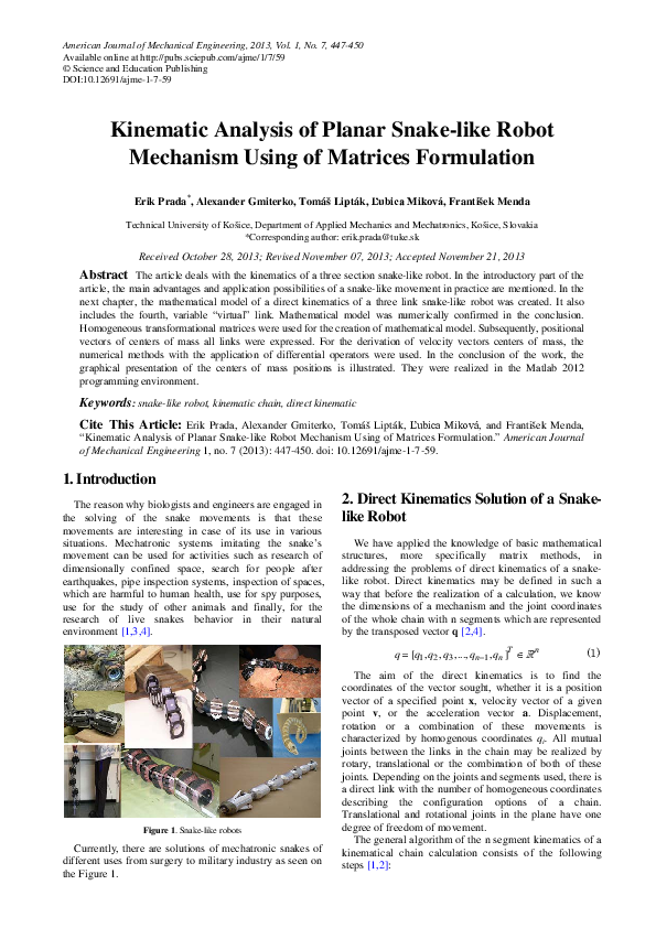(PDF) Kinematic Analysis of Planar Snake-like Robot Mechanism Using of ...