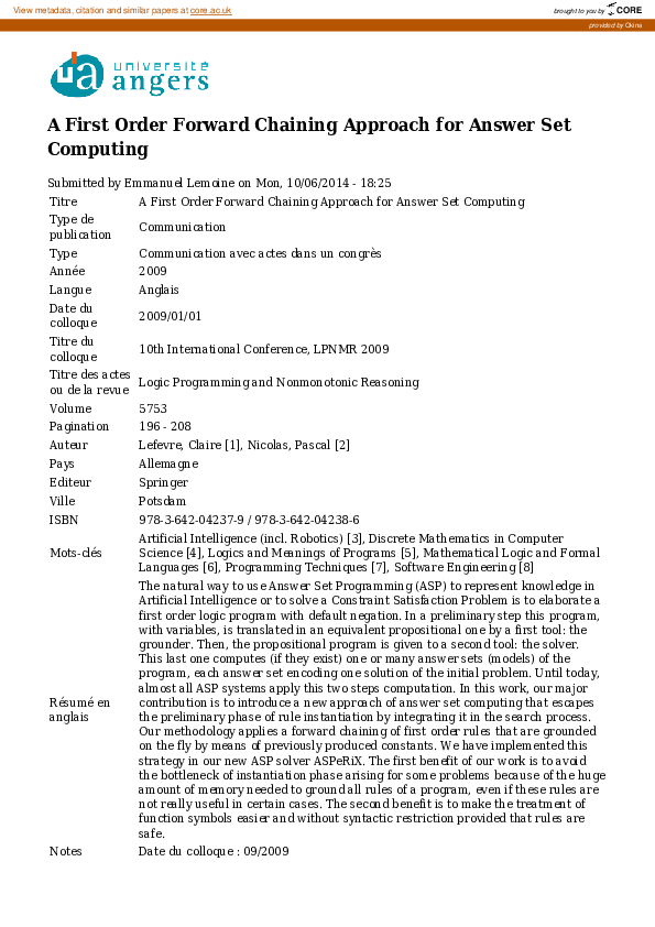 (PDF) A First Order Forward Chaining Approach for Answer Set Computing