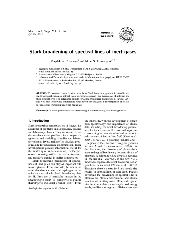 (PDF) Stark broadening of spectral lines of inert gases