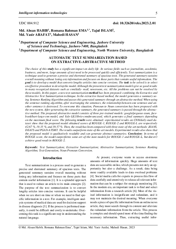 (PDF) Automatic text summarization based on extractive-abstractive method