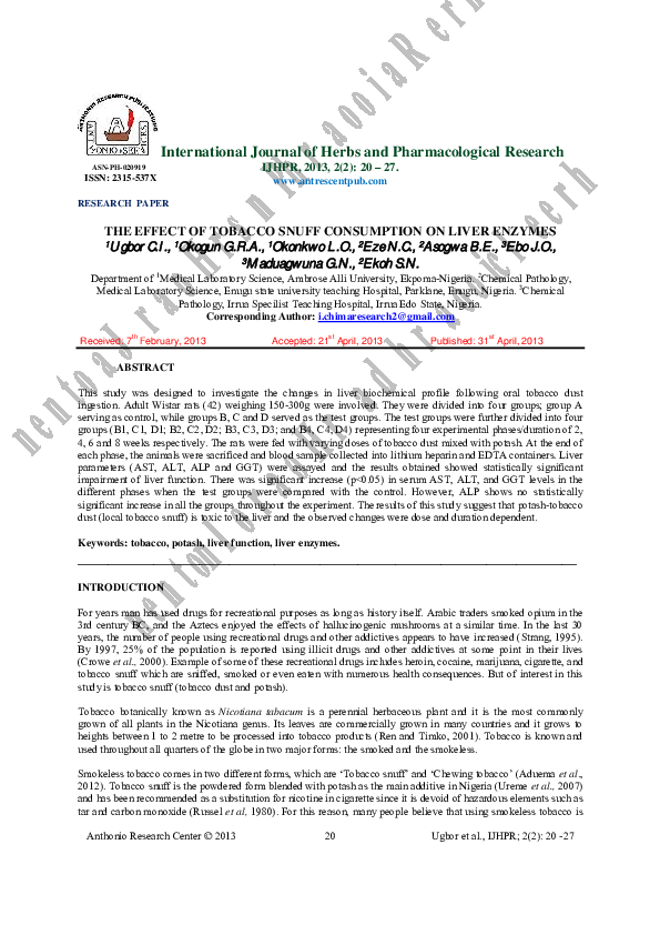chewing tobacco and liver enzymes PDF) The Effect of Tobacco Snuff Consumption on Liver Enzymes