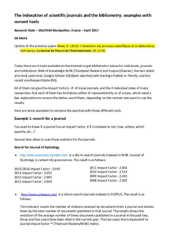 (PDF) The indexation of scientific journals and the bibliometry ...
