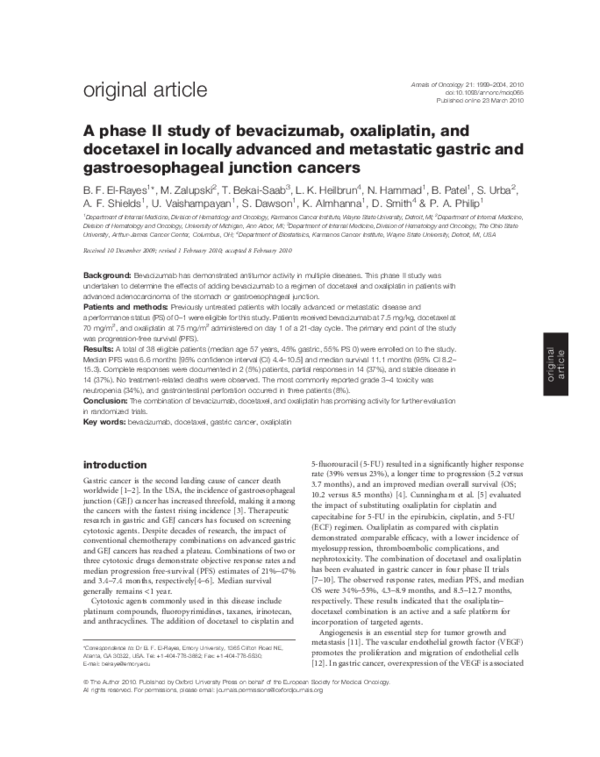 (PDF) A phase II study of bevacizumab, oxaliplatin, and docetaxel in ...