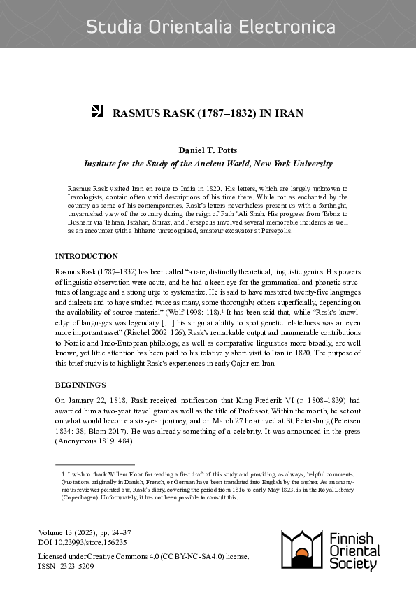 (PDF) Potts 2025. Rasmus Rask (1787-1832) in Iran. Studia Orientalia ...