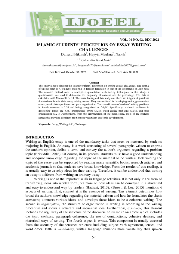 (PDF) Islamic Students’ Perception on Essay Writing Challenges